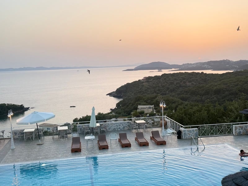 Swimming pool, terrace and Ionian sunset at Hotel Agia Paraskevi